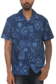 Mens Collared Print Button Down (Color: Navy Blue, size: L)